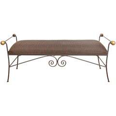 Mid Century Iron Bench with Striped Upholstery