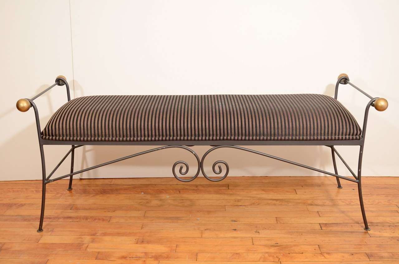 Mid-Century Modern Mid Century Iron Bench with Striped Upholstery