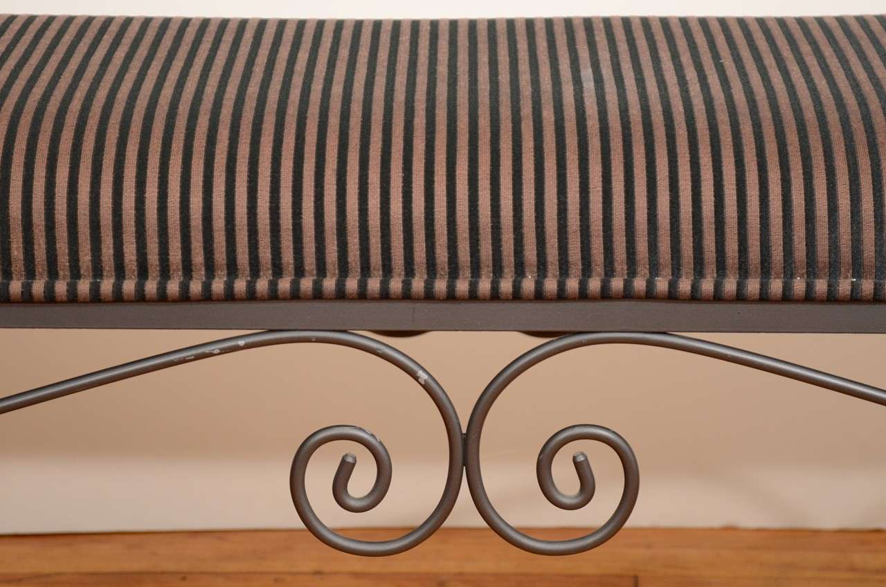 American Mid Century Iron Bench with Striped Upholstery