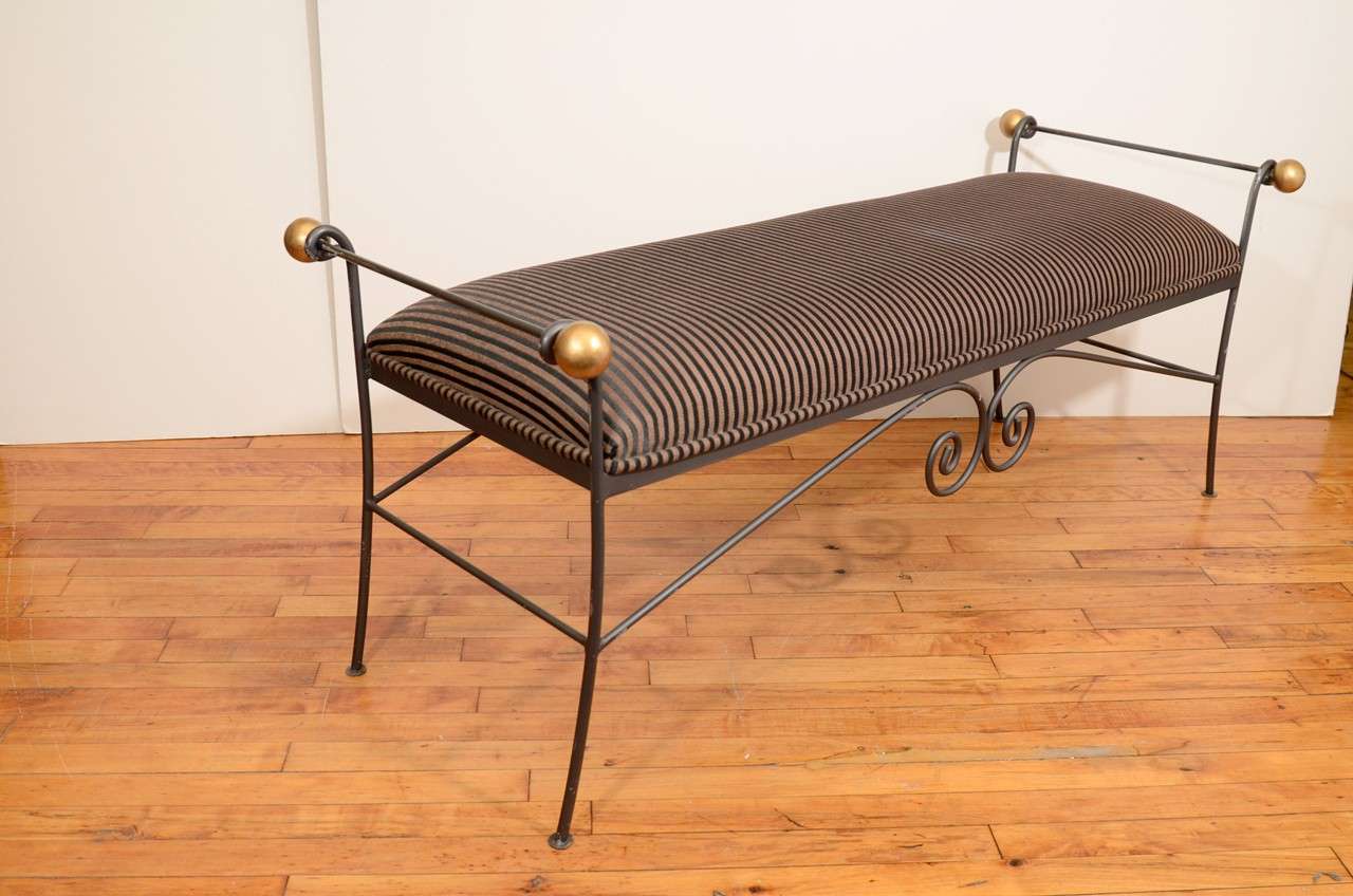 Mid-20th Century Mid Century Iron Bench with Striped Upholstery