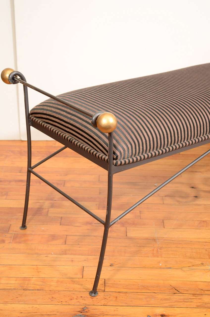 Mid Century Iron Bench with Striped Upholstery 1