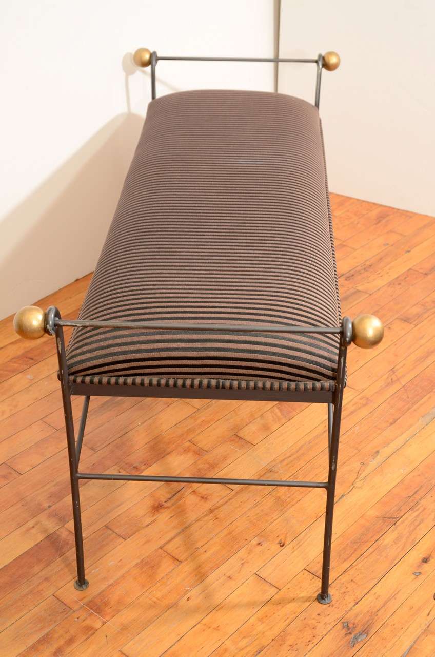 Mid Century Iron Bench with Striped Upholstery 2