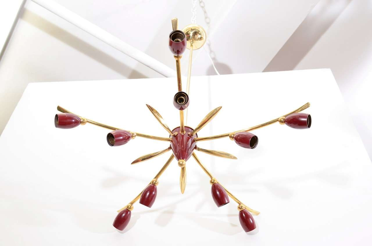 Mid Century Ten Light Chandelier in Brass and Red Enamel In Good Condition In New York, NY