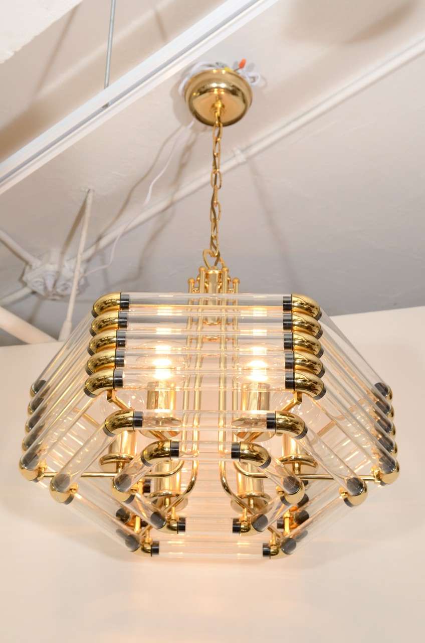 Mid-Century Brass and Tubular Glass Chandelier