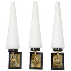 Trio of Mid Century Sconces in Brass and Black Enamel after Stilnovo