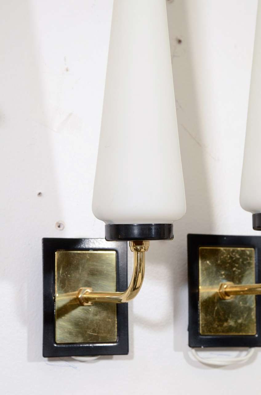 Trio of Mid Century Sconces in Brass and Black Enamel after Stilnovo In Good Condition In New York, NY