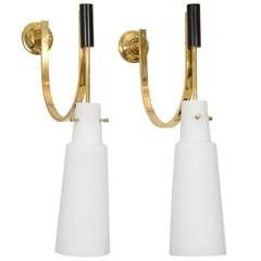 Pair of Mid Century Stilnovo Sconces in Brass and Frosted Glass