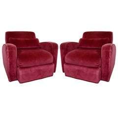 Pair of Vintage Red Deco Style Velvet Arcmchairs