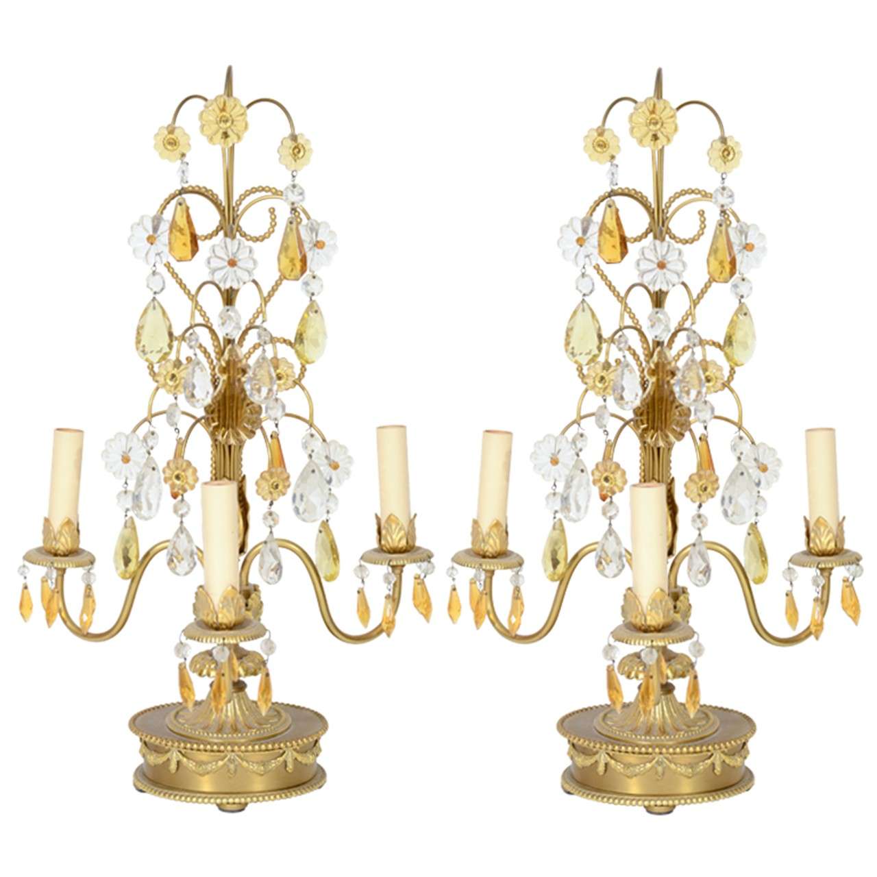 A Pair of Vintage Bronze and Brass Candelabra with Crystals