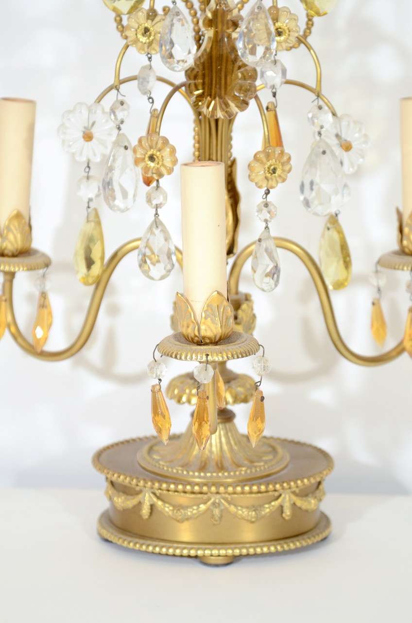 A Pair of Vintage Bronze and Brass Candelabra with Crystals In Good Condition In New York, NY