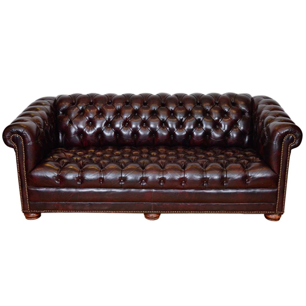 Midcentury Cordovan Chesterfield Sofa W Brass Nail Detailing At