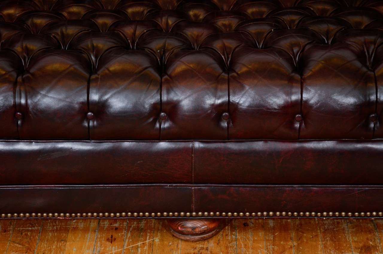 20th Century Midcentury Cordovan Chesterfield Sofa w/ Brass Nail Detailing