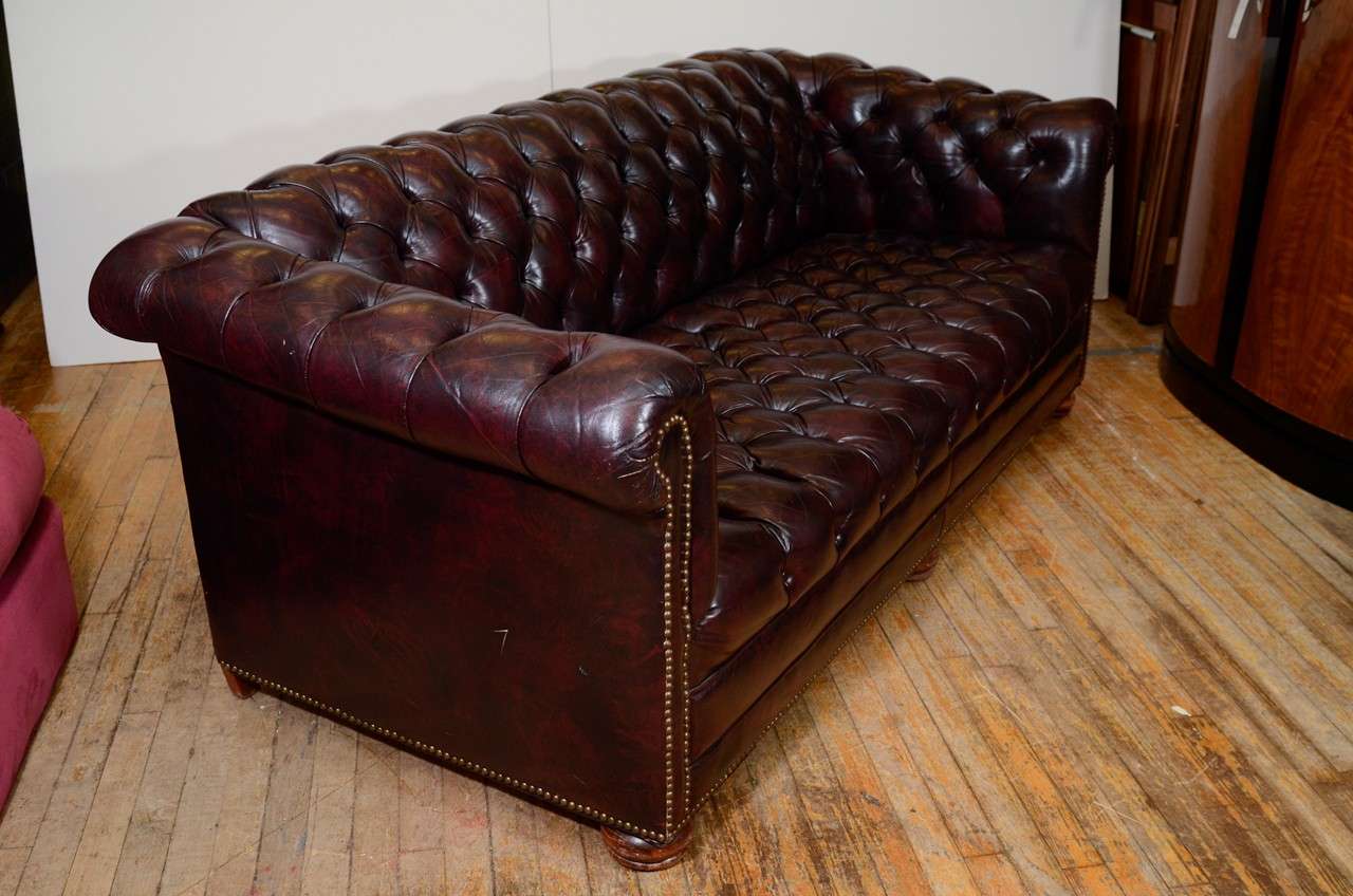 Leather Midcentury Cordovan Chesterfield Sofa w/ Brass Nail Detailing