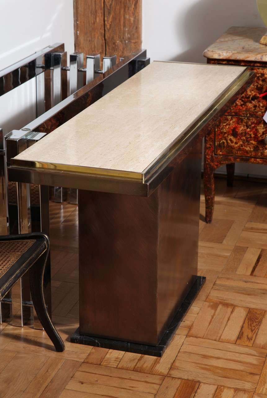 A Brass, Bronze, Marble and Travertine Console Table For Sale 2