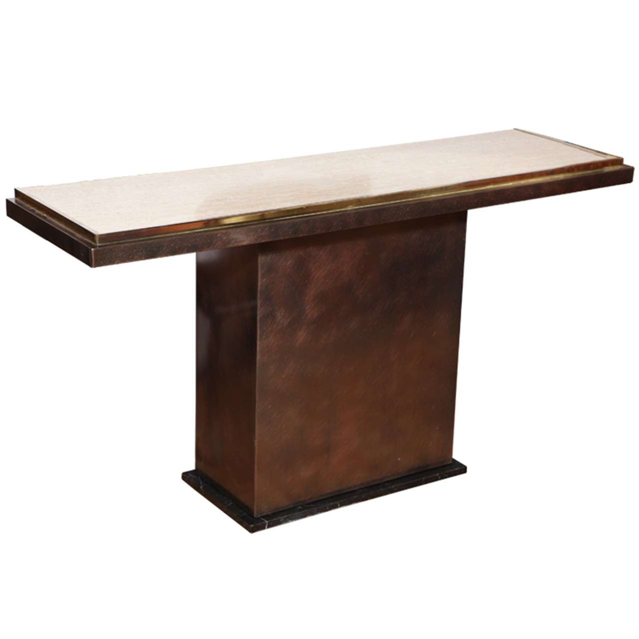 A Brass, Bronze, Marble and Travertine Console Table For Sale