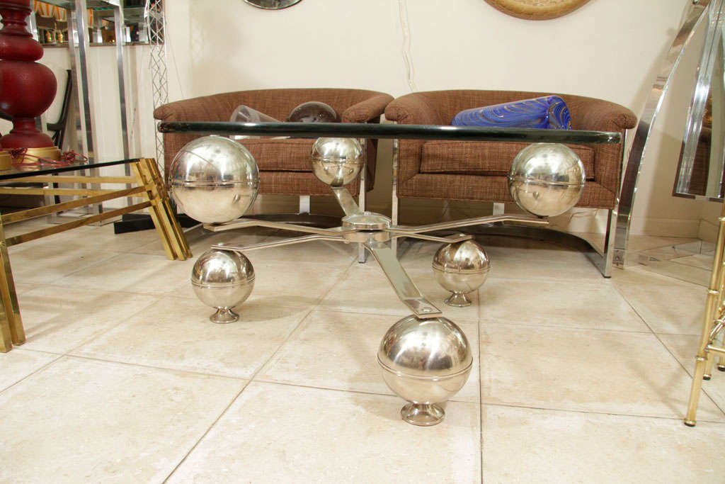 French Circular coffee table with industrial base and glass top