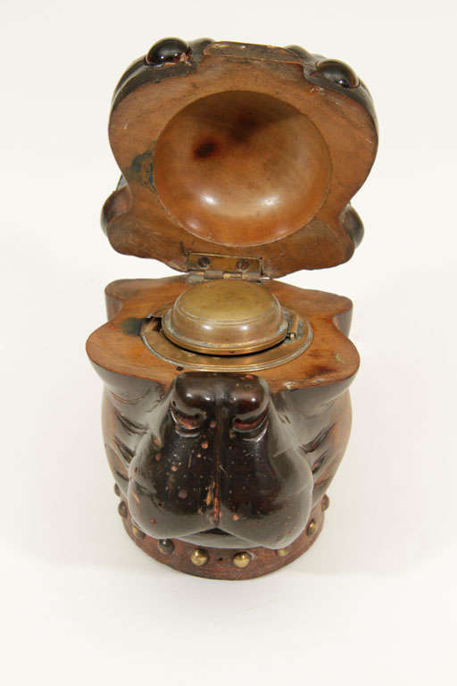 British Carved Wooden Pug Inkwell with Collar