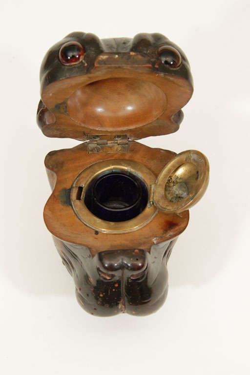 19th Century Carved Wooden Pug Inkwell with Collar