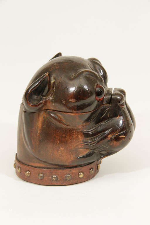 Carved Wooden Pug Inkwell with Collar 1