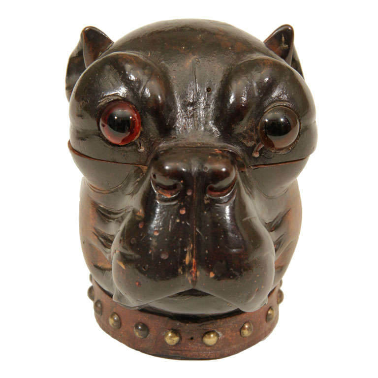 Carved Wooden Pug Inkwell with Collar