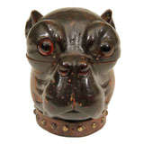 Antique Carved Wooden Pug Inkwell with Collar
