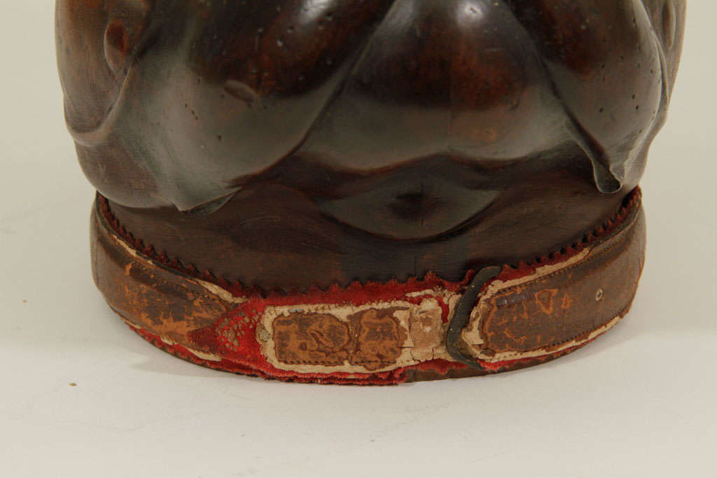 Large wooden pug's head tobacco jar with original patina and leather dog collar.