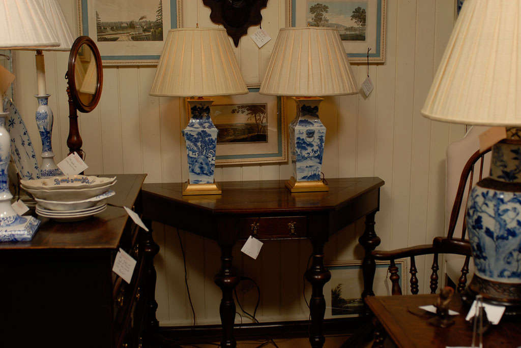 Pair of unusual shape early 19th c. Chinese Blue & White Porcelain Vases as Lamps with 18