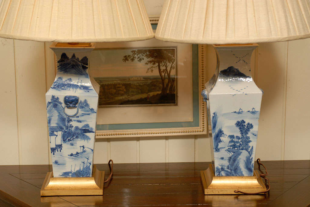 Pair of Chinese Blue & White Porcelain Lamps For Sale 4