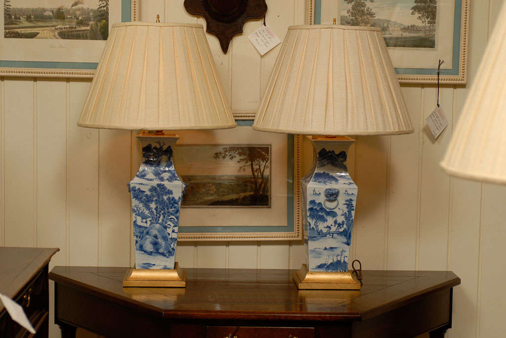 Pair of Chinese Blue & White Porcelain Lamps For Sale 7