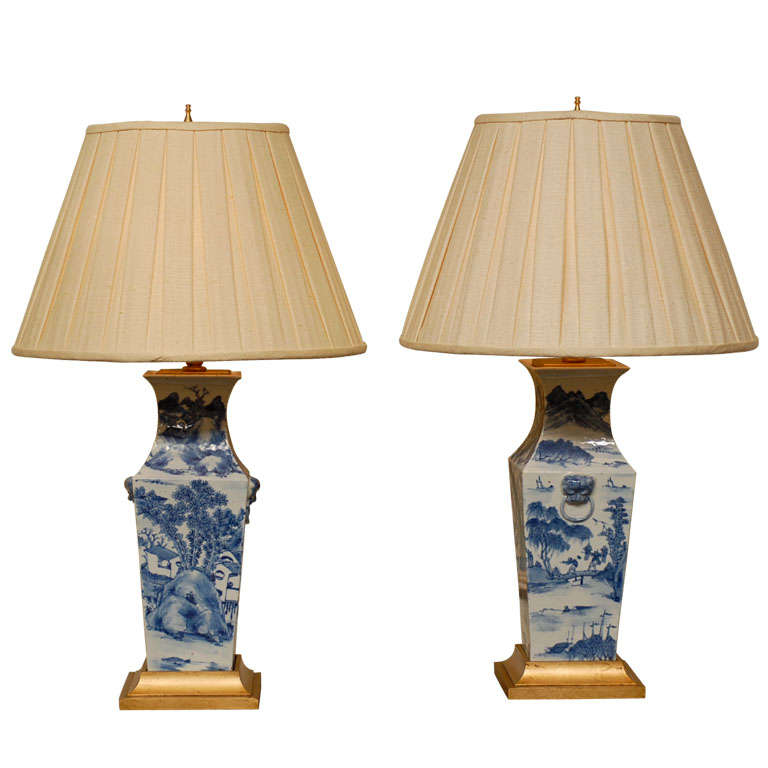 Pair of Chinese Blue & White Porcelain Lamps For Sale
