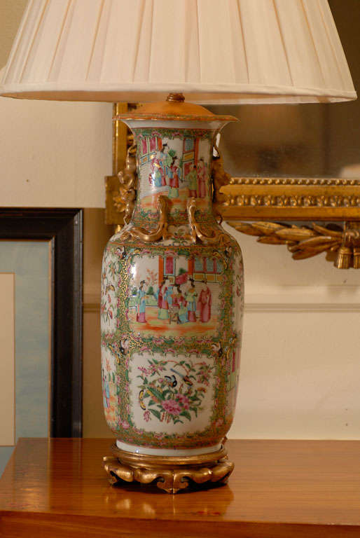 Large scale 19th c. Chinese Rose Medallion Vase as lamp with 18