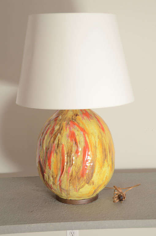Yellow + Orange Ceramic Lamp with Wood Base