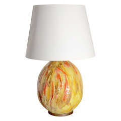 Yellow + Orange Ceramic Lamp with Wood Base