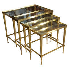 Set of Three Brass 
glass Hollywood Regency  Nesting Tables
