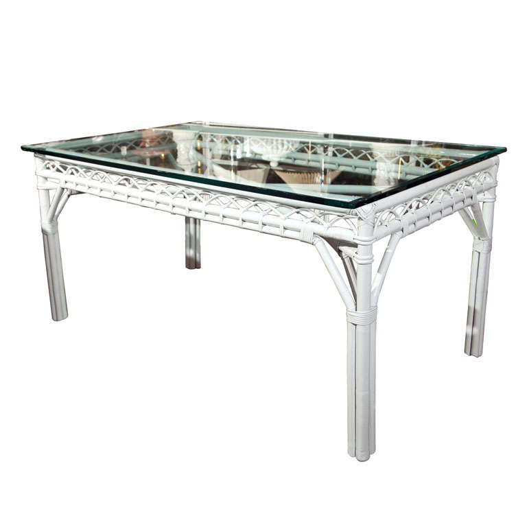 Vintage White Lacquer Rattan Dining Table at 1stDibs