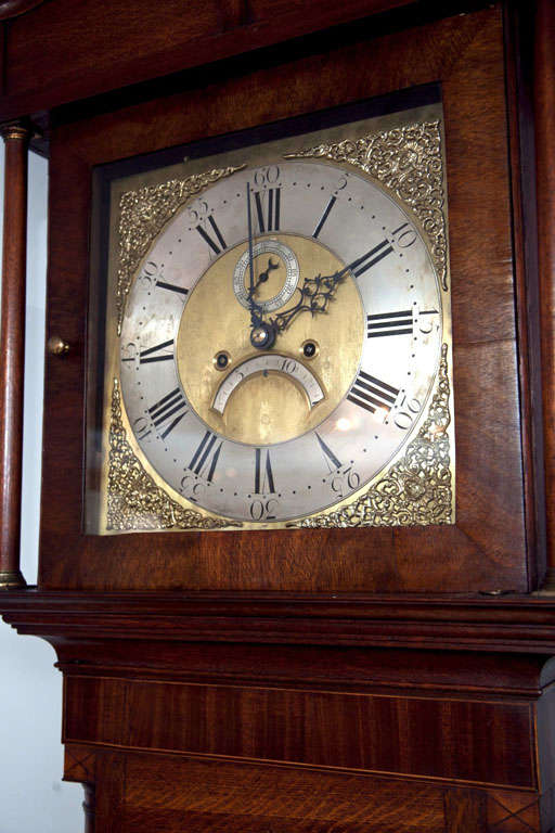 British Oak Tall Case Clock with Brass and Nickel Dial For Sale