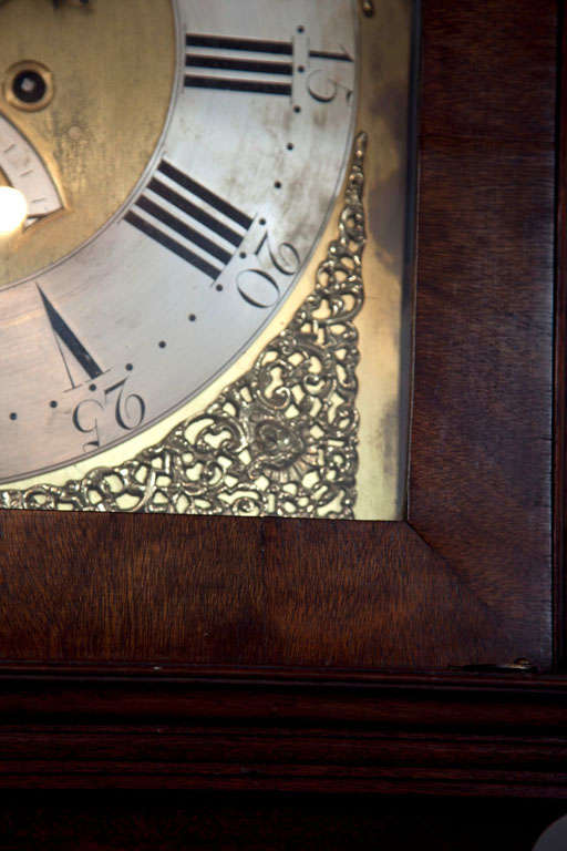 Oak Tall Case Clock with Brass and Nickel Dial In Excellent Condition For Sale In Woodbury, CT