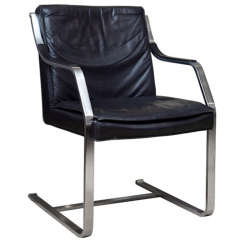 Mies van der Rohe Style Pair Steel 
Black Leather Armchair