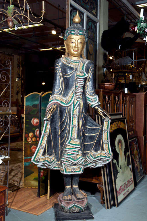 Tall Buddha - carved wood, adorned with numerous stain glass pieces. Magnificent, impressive statue. Great details. Amazing workmanship