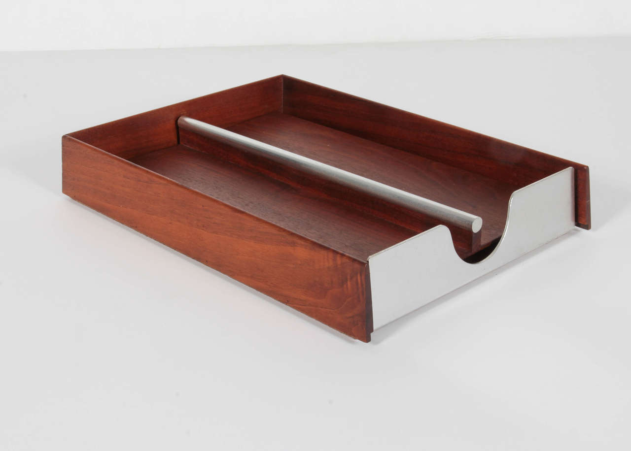 Desk top document box in European walnut and matte-finished aluminum by Mark Cross, 1960s. Excellent original condition throughout. Labelled on underside.