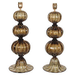 Pair of Bronze Colored "Pulegoso" Murano Glass Lamps