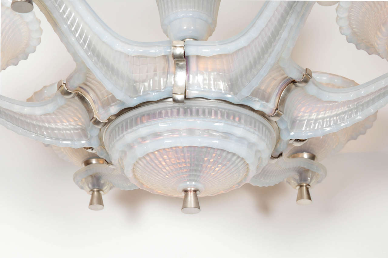Large Opalescent, Frosted Art Glass, Six-Arm Chandelier Signed Ezan In Good Condition For Sale In New York City, NY