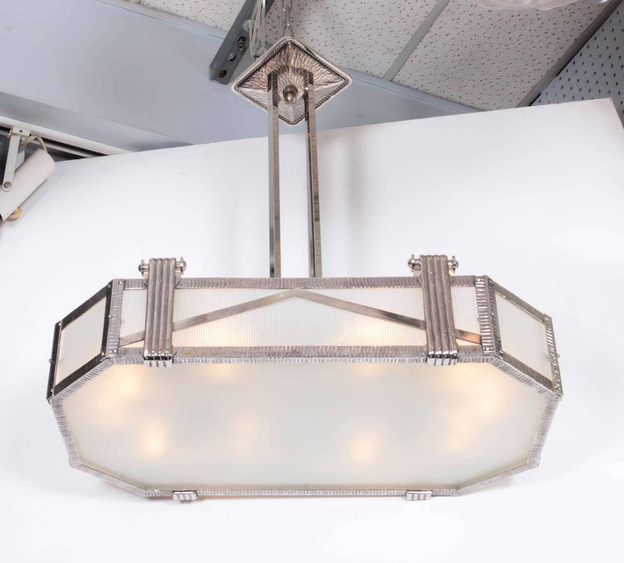 French Industrial Art Deco Nickeled Iron and Glass Rectangular Chandelier