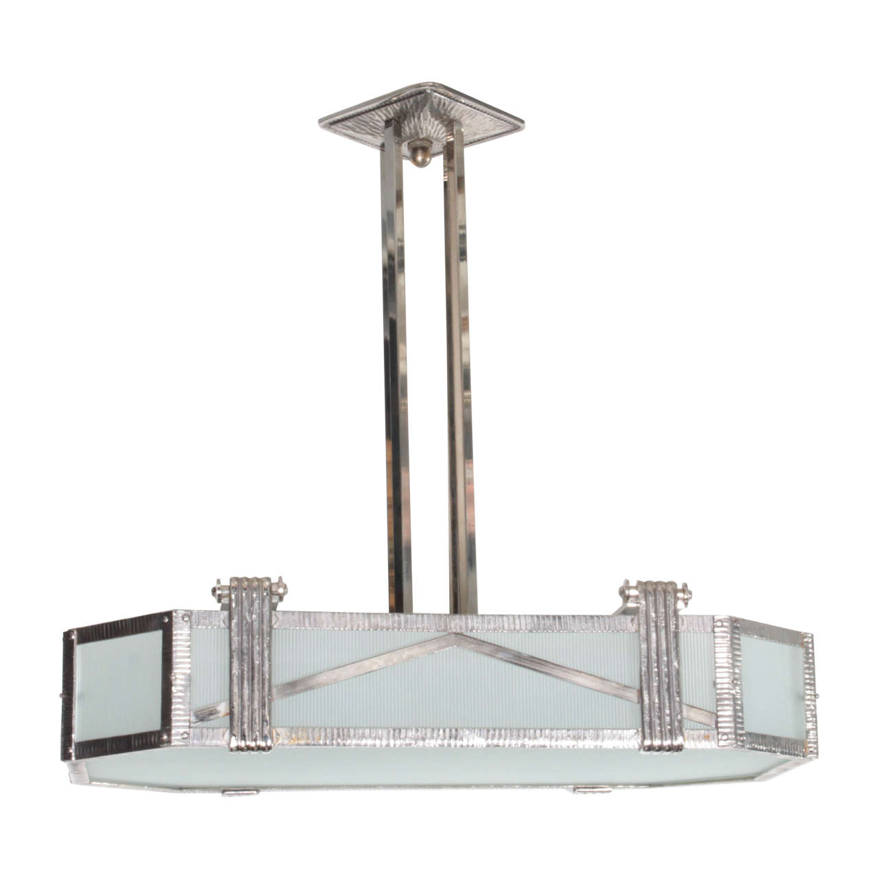 French Industrial Art Deco Nickeled Iron And Glass Rectangular French Industrial Art Deco Nickeled Iron And Glass Rectangular Chandelier For