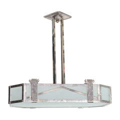 French Industrial Art Deco Nickeled Iron and Glass Rectangular Chandelier