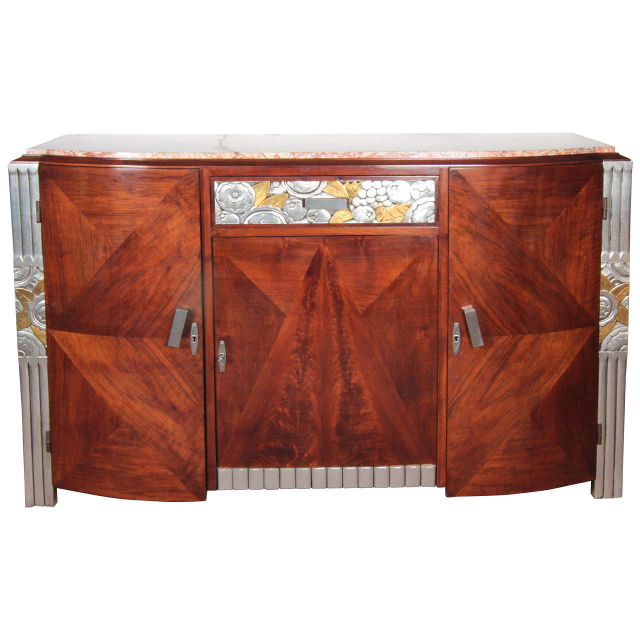 French Art Deco Gold and Silver Leaf, Hand-Carved Parquetry Inlaid Cabinet