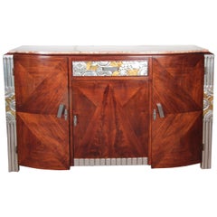 French Art Deco Gold and Silver Leaf, Hand-Carved Parquetry Inlaid Cabinet