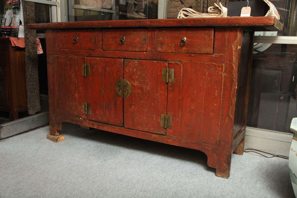 Elmwood Sideboard with original Worn Red Lacquer finish & lovely Patina. 19th Century, China.