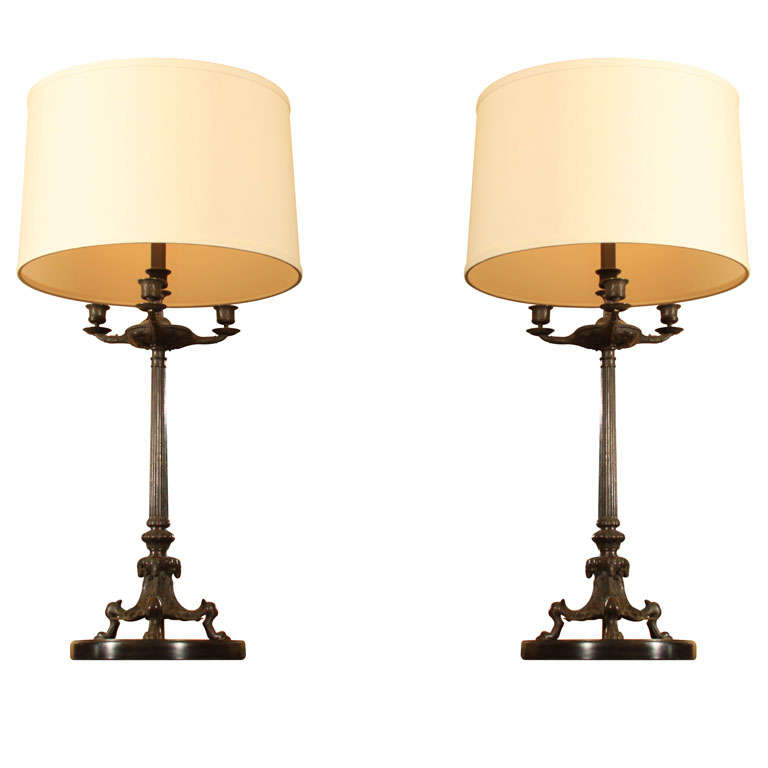 Pair of Second Empire Bronze Candlestick Lamps