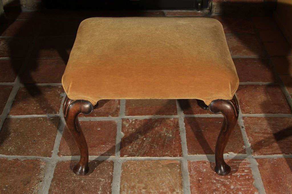 English Georgian Style Stool

This is a solid walnut, cabriole leg stool with a pad foot. It is a Victorian copy of a Georgian stool.

The top has been covered in mohair fabric with gimp trim.